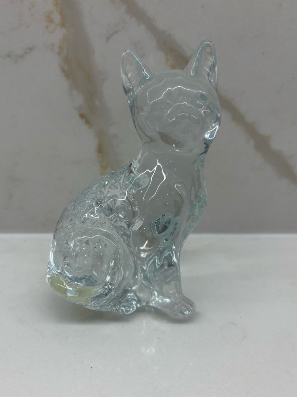 Vintage Solid Glass Cat Figurine Paperweight Clear with Bubbles Taiwan 80s